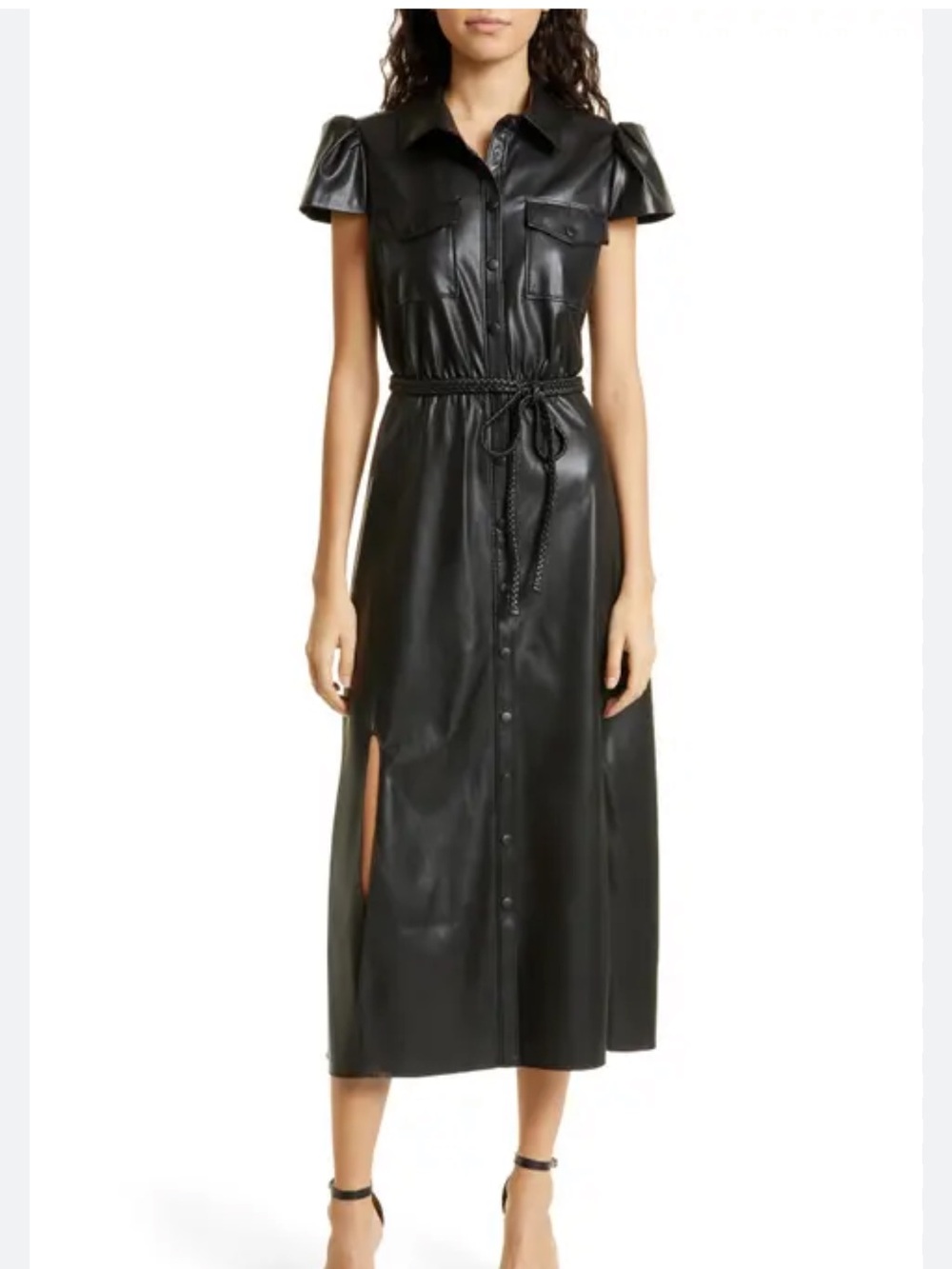 Alice + Olivia Black Faux Leather Button-Front Maxi Dress with Belt orig $495